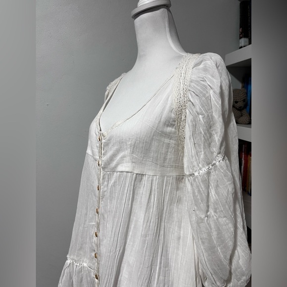 Free People Puff Sleeve Cute Button Front Tunic Mini Dress white Sz small - Picture 4 of 12